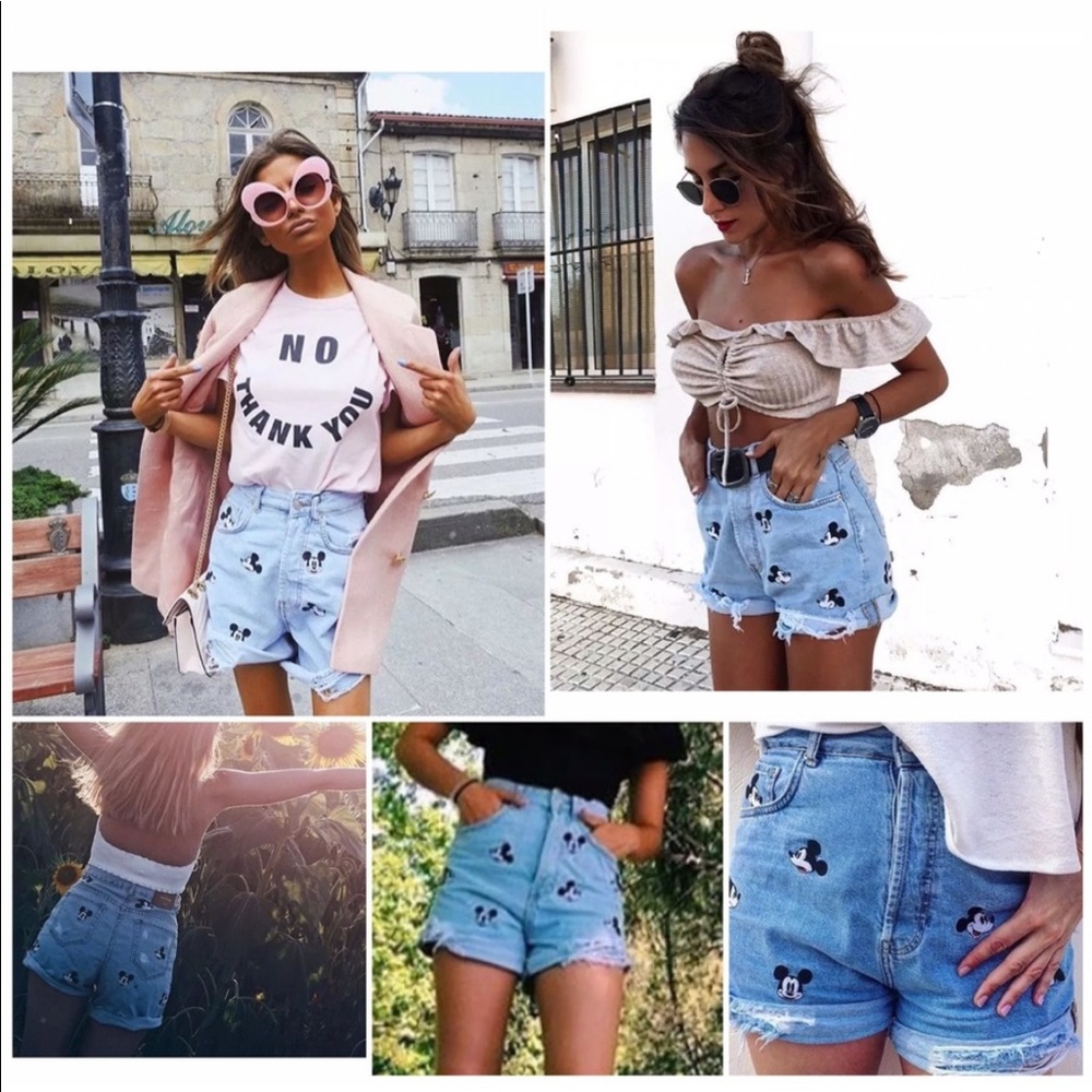 Zara Disney High Rise Denim Mickey Mouse Embroidered Distressed Cuffed Hem Short
